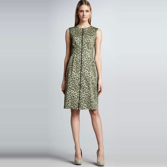 Lafayette 148 Animal Print Zip Front Sleeveless Sheath Dress Green size 10 - Picture 2 of 13